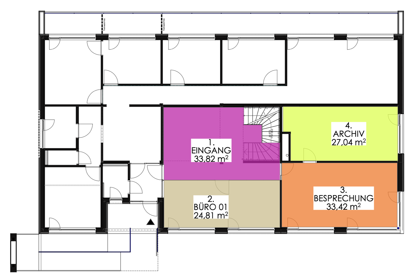 Grundriss Erdgeschoss mit Büro 01, Eingang, Besprechung und Archiv