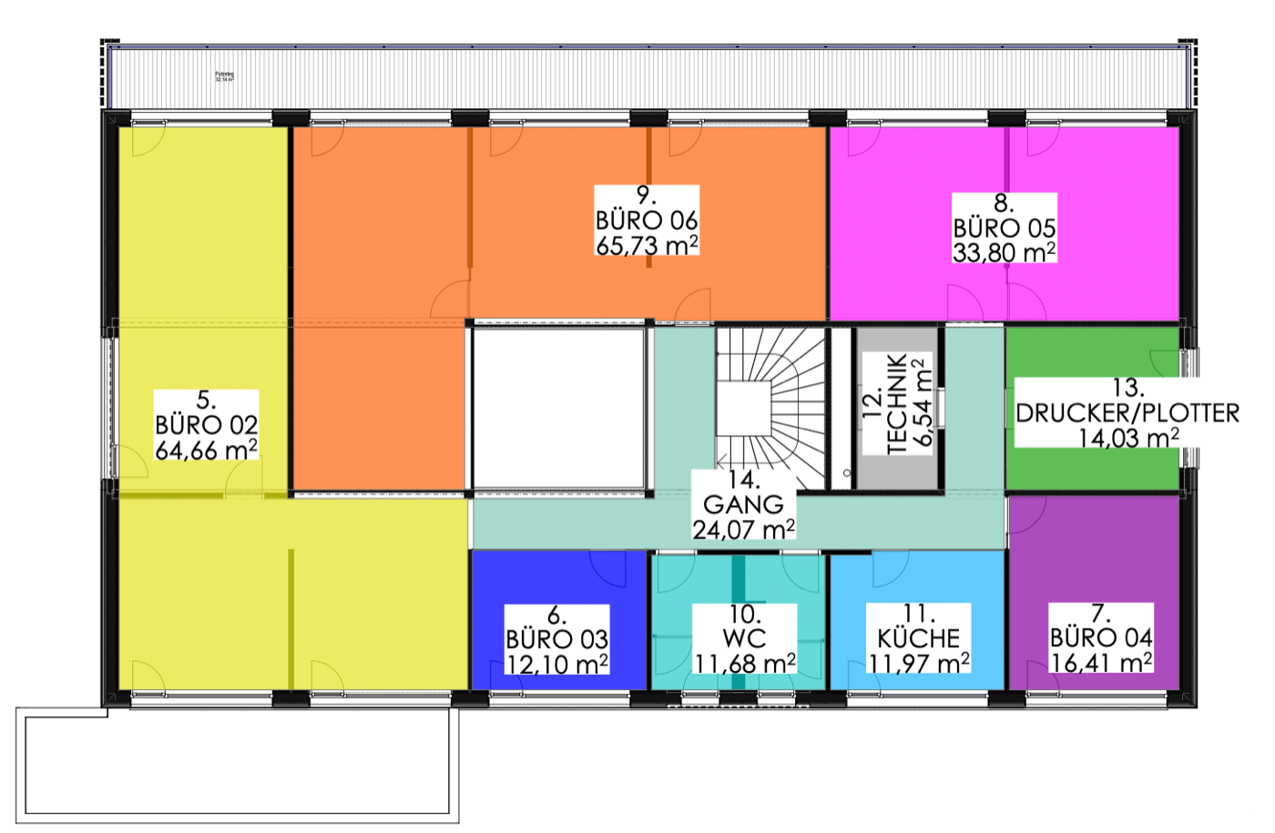 Grundriss Obergeschoss mit Büros 02 bis 06, Küche, WC, Technik, Druckerraum und Terrasse